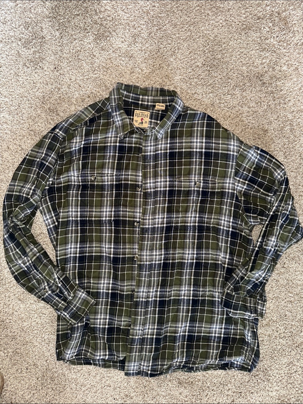 Red Head Olive Green and Navy Plaid Button-Down Shirt